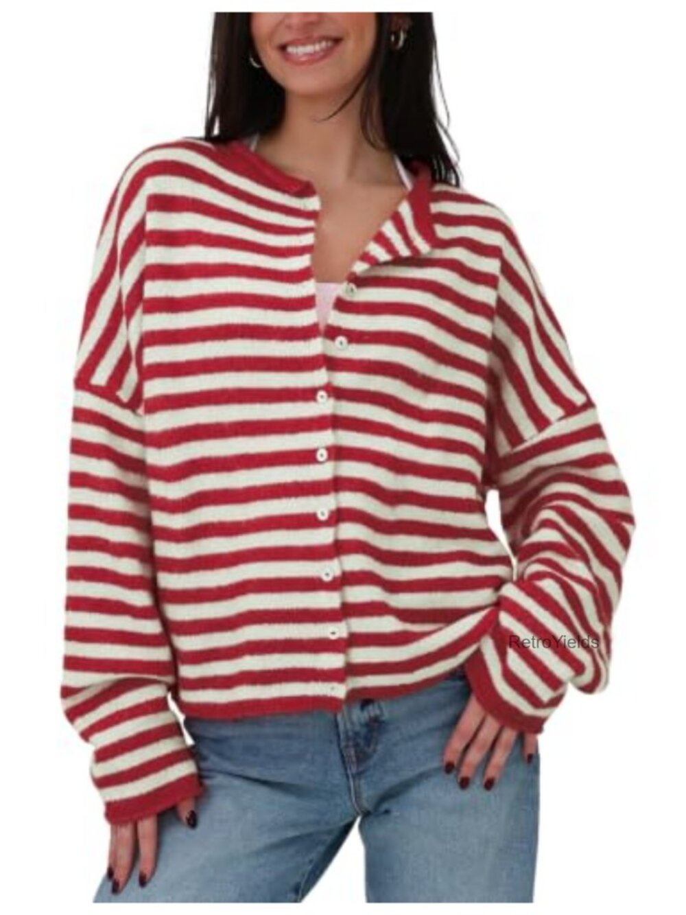 Women Striped Button Down Rolled Neck Drop Shoulder Cardigan